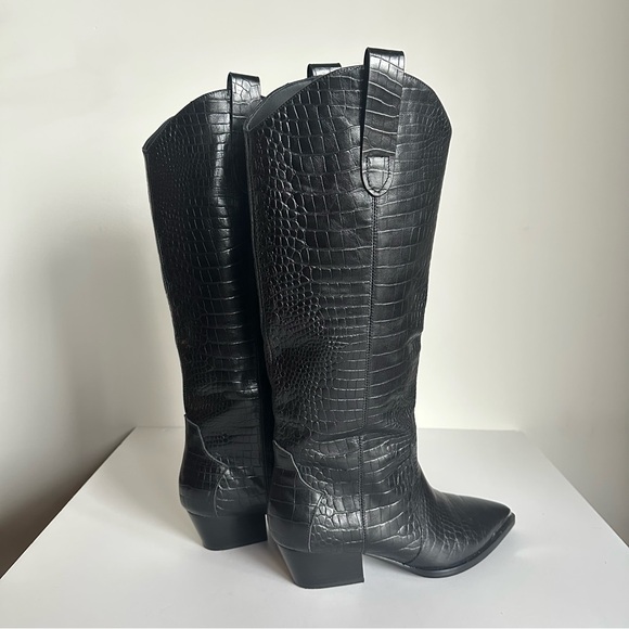 Black Leather Croc-Embossed Knee-High Boots Metal Toe Cap EU 39/ US 8.5-9 - Picture 13 of 16